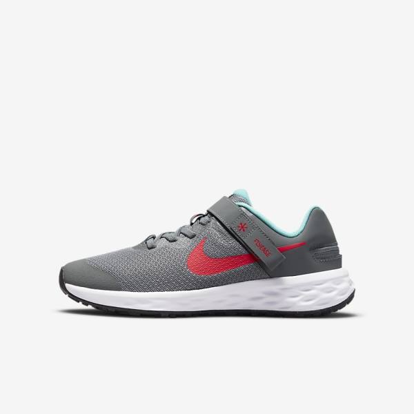 παπουτσια για τρεξιμο Nike Revolution 6 FlyEase Older Easy On-Off δρομου παιδικα γκρι τυρκουάζ κοκκινα | NK574JTD