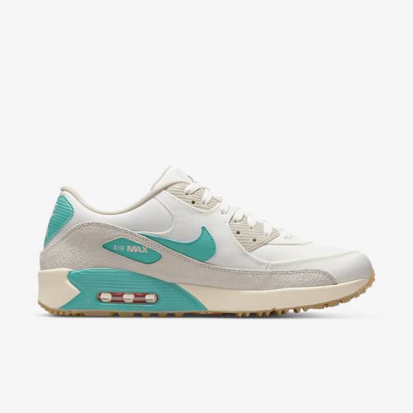 παπουτσια γκολφ Nike Air Max 90 G ανδρικα ασπρα ανοιχτο καφε τυρκουάζ | NK067KVH