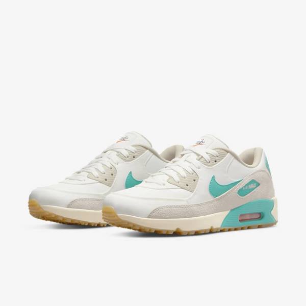 παπουτσια γκολφ Nike Air Max 90 G ανδρικα ασπρα ανοιχτο καφε τυρκουάζ | NK067KVH