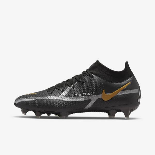 παπουτσια ποδοσφαιρου Nike Phantom GT2 Dynamic Fit Elite FG Firm-Ground γυναικεια μαυρα μεταλλικός χρυσο χρωμα μεταλλικός ασημι μεταλλικός σκούρο | NK078PVU