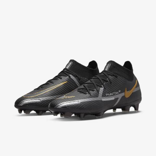 παπουτσια ποδοσφαιρου Nike Phantom GT2 Dynamic Fit Elite FG Firm-Ground ανδρικα μαυρα μεταλλικός χρυσο χρωμα μεταλλικός ασημι μεταλλικός σκούρο | NK960HTJ