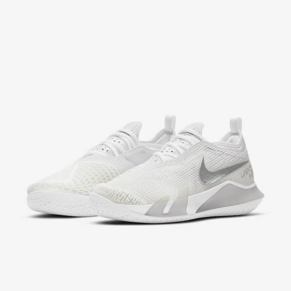 παπουτσια τενις Nike NikeCourt React Vapor NXT Hard Court γυναικεια ασπρα γκρι μεταλλικός ασημι | NK764KNG